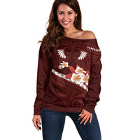 Oxblood Polynesia Off Shoulder Sweater Tribal Pattern Tropical Frangipani LT14 Women Oxblood - Polynesian Pride