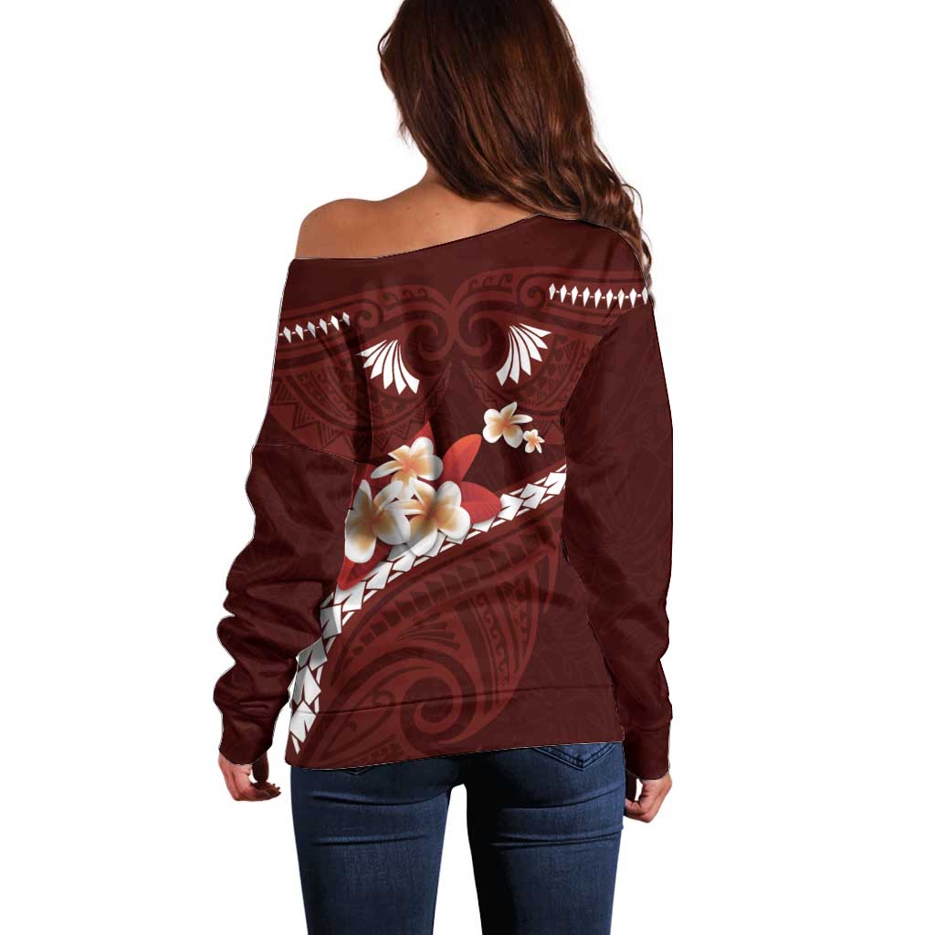 Oxblood Polynesia Off Shoulder Sweater Tribal Pattern Tropical Frangipani LT14 - Polynesian Pride