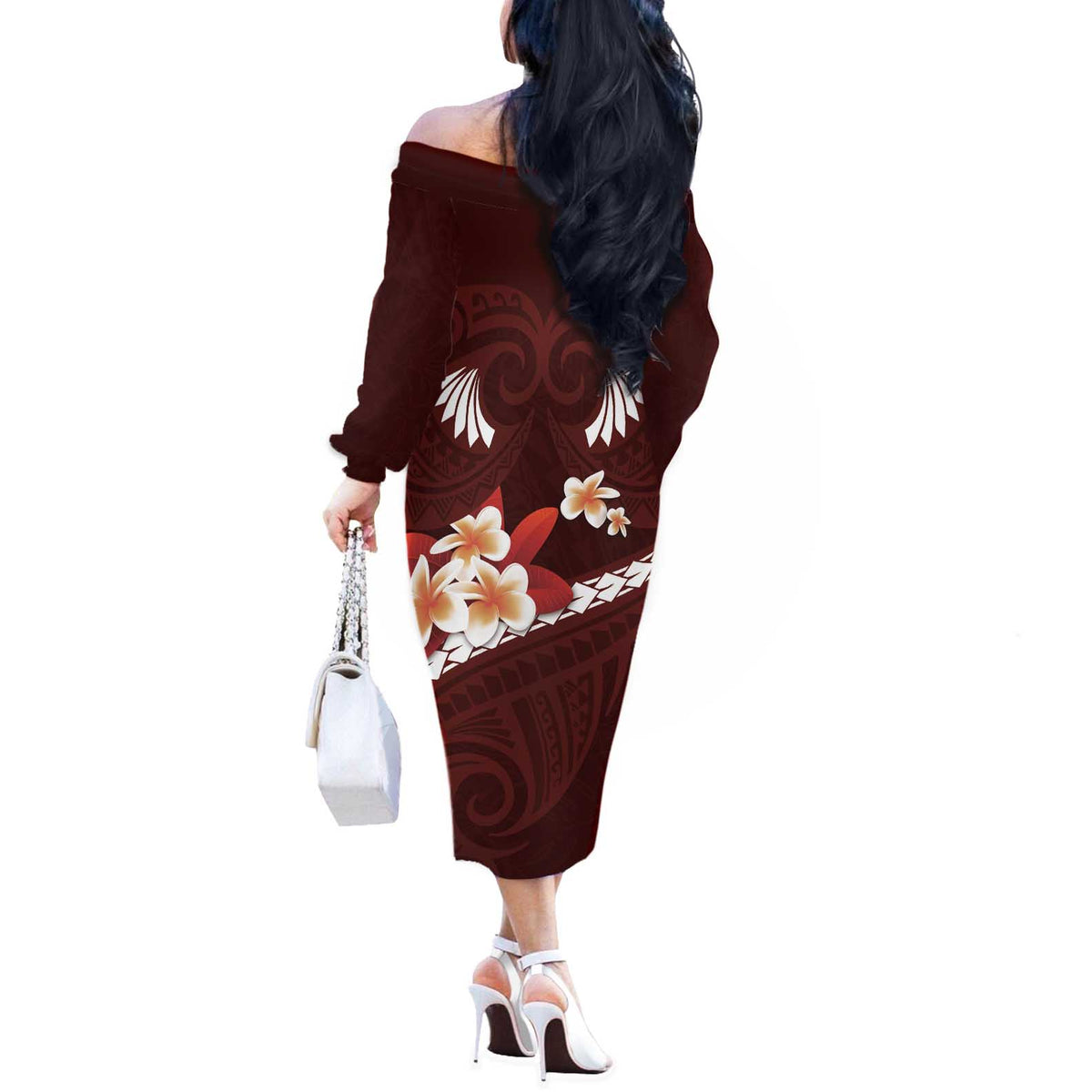 Oxblood Polynesia Off The Shoulder Long Sleeve Dress Tribal Pattern Tropical Frangipani LT14 - Polynesian Pride