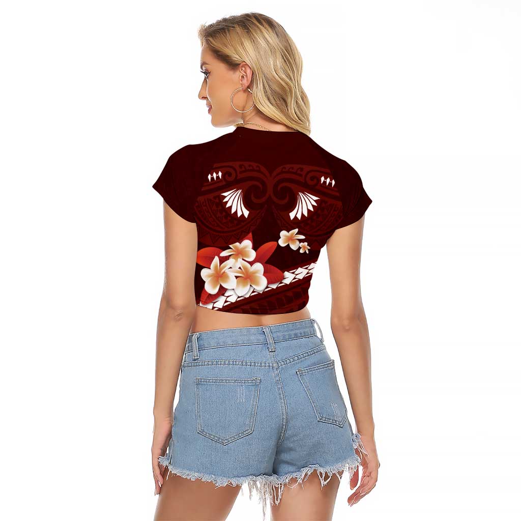 Oxblood Polynesia Raglan Cropped T Shirt Tribal Pattern Tropical Frangipani LT14 - Polynesian Pride