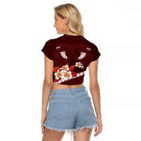 Oxblood Polynesia Raglan Cropped T Shirt Tribal Pattern Tropical Frangipani LT14 - Polynesian Pride