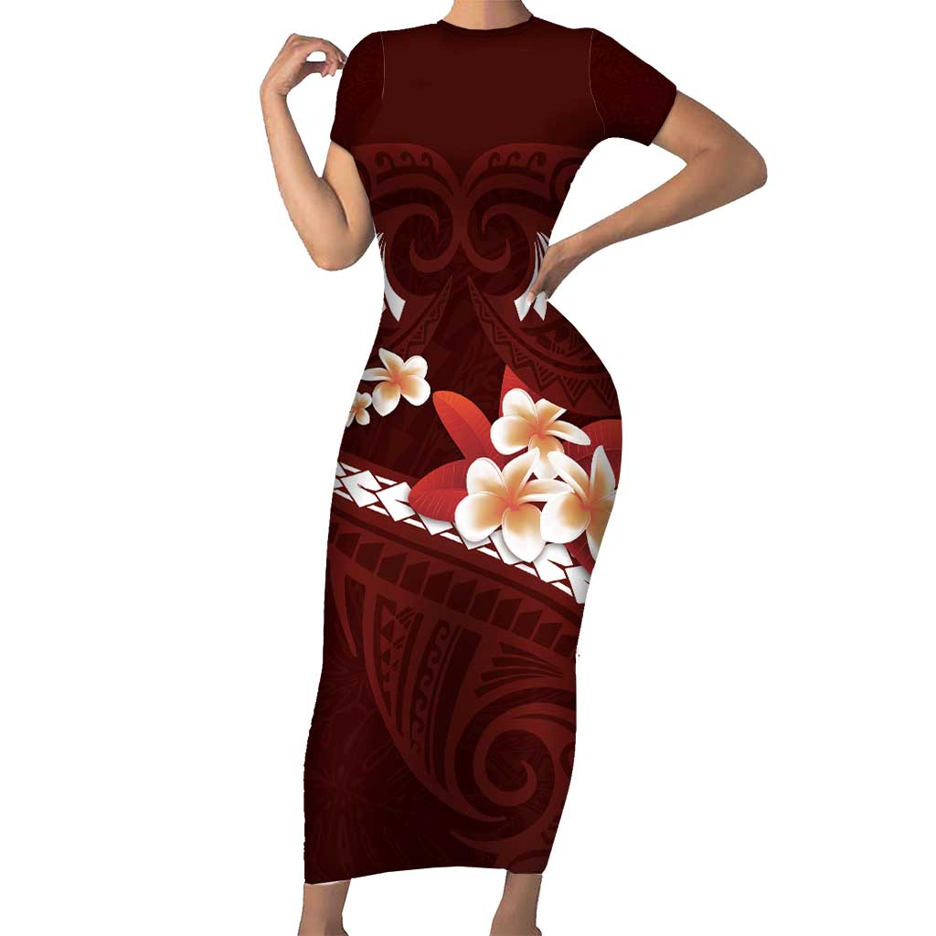 Oxblood Polynesia Short Sleeve Bodycon Dress Tribal Pattern Tropical Frangipani LT14 Long Dress Oxblood - Polynesian Pride