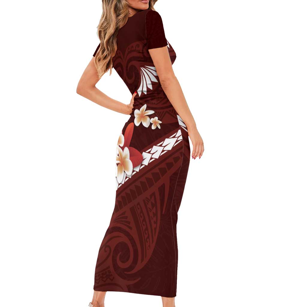 Oxblood Polynesia Short Sleeve Bodycon Dress Tribal Pattern Tropical Frangipani LT14 - Polynesian Pride