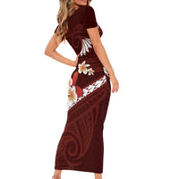Oxblood Polynesia Short Sleeve Bodycon Dress Tribal Pattern Tropical Frangipani LT14 - Polynesian Pride