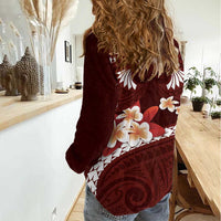 Oxblood Polynesia Women Casual Shirt Tribal Pattern Tropical Frangipani LT14 - Polynesian Pride