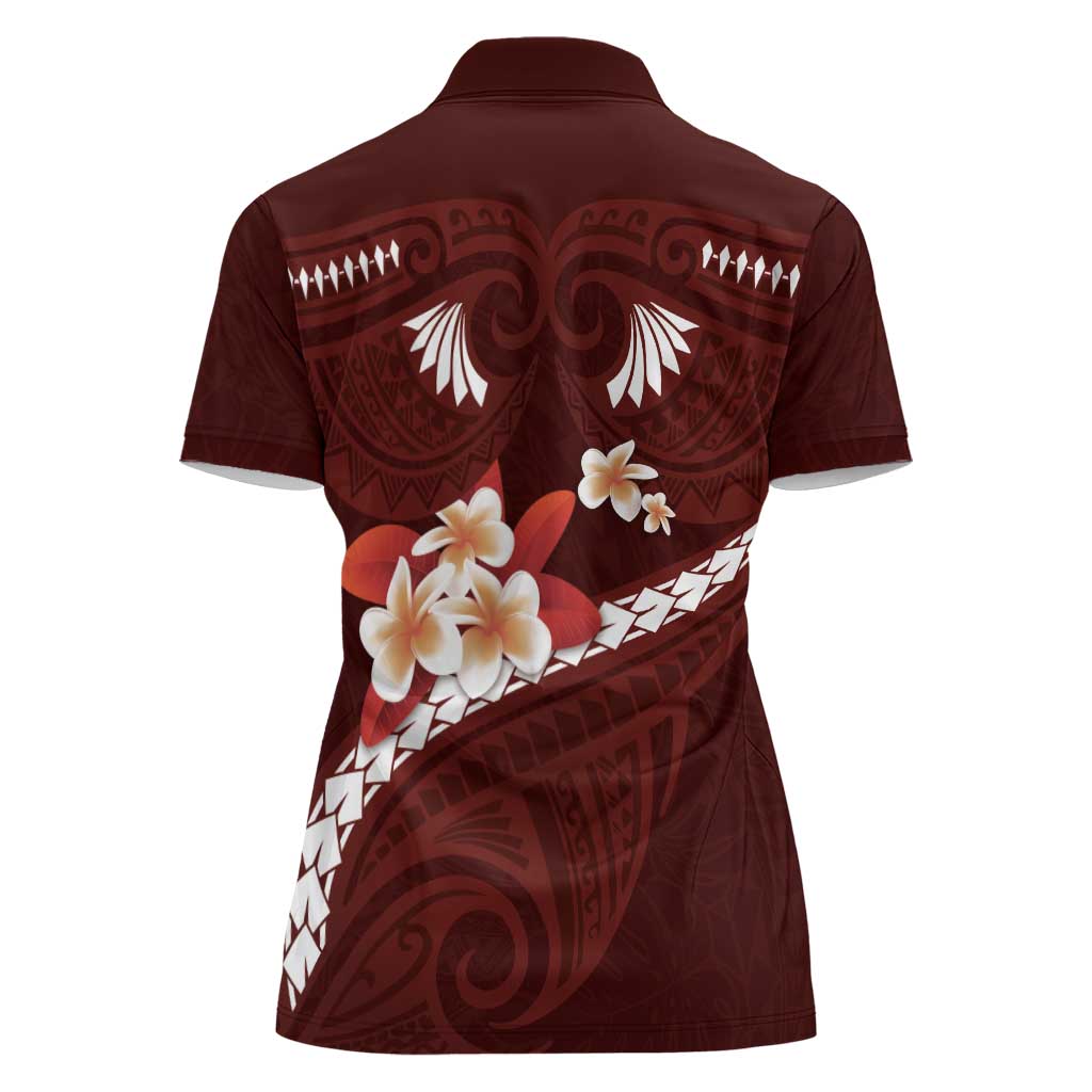 Oxblood Polynesia Women Polo Shirt Tribal Pattern Tropical Frangipani LT14 - Polynesian Pride