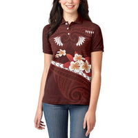 Oxblood Polynesia Women Polo Shirt Tribal Pattern Tropical Frangipani LT14 - Polynesian Pride