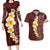 Oxblood Tropical Plumeria With Galaxy Polynesian Art Couples Matching Long Sleeve Bodycon Dress and Hawaiian Shirt