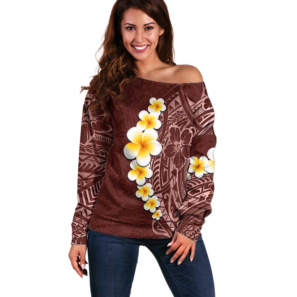 Oxblood Tropical Plumeria With Galaxy Polynesian Art Off Shoulder Sweater LT14 Women Oxblood - Polynesian Pride