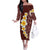 Oxblood Tropical Plumeria With Galaxy Polynesian Art Off The Shoulder Long Sleeve Dress