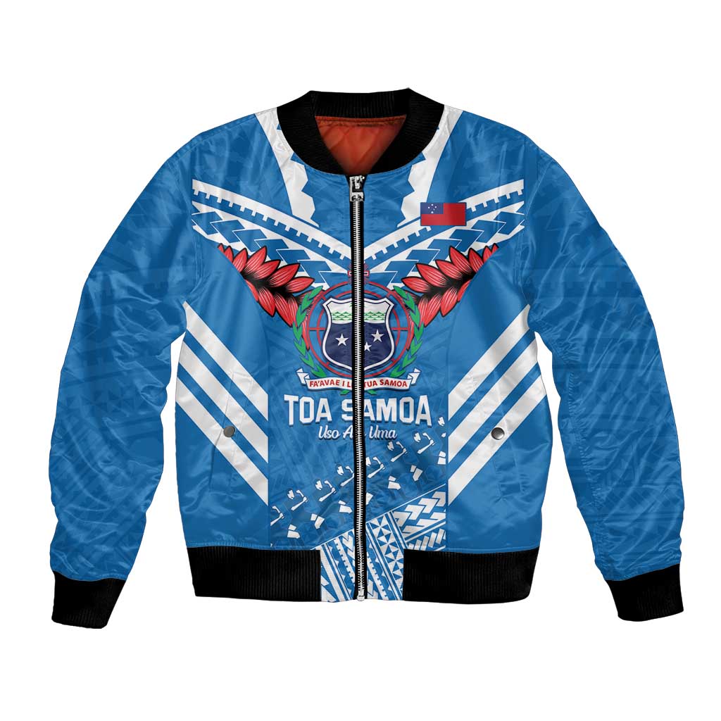 Custom Toa Samoa Rugby Bomber Jacket Samoan Siva Tau Uso Aso Uma LT14 Unisex Blue - Polynesian Pride