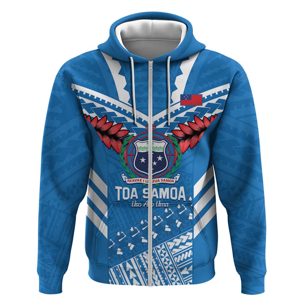 Custom Toa Samoa Rugby Hoodie Samoan Siva Tau Uso Aso Uma LT14 Zip Hoodie Blue - Polynesian Pride