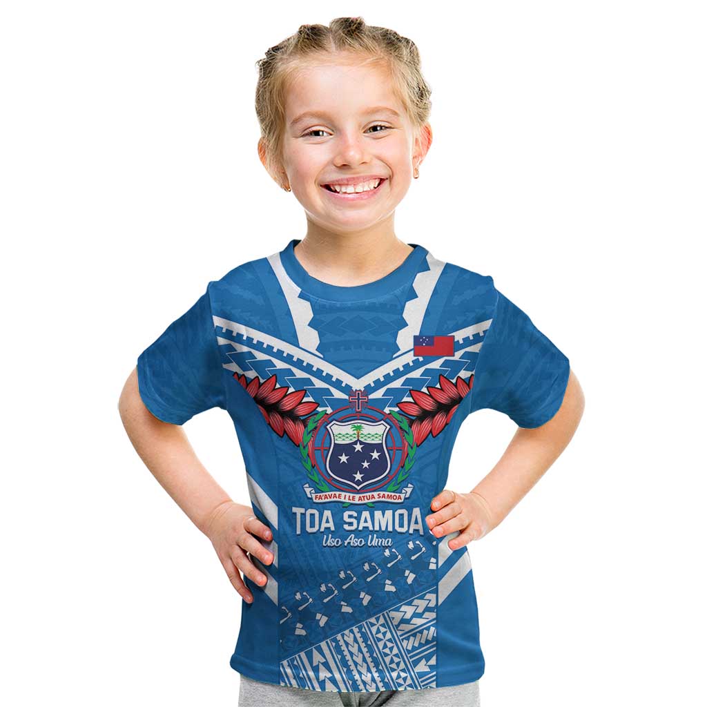 Custom Toa Samoa Rugby Kid T Shirt Samoan Siva Tau Uso Aso Uma LT14 Blue - Polynesian Pride
