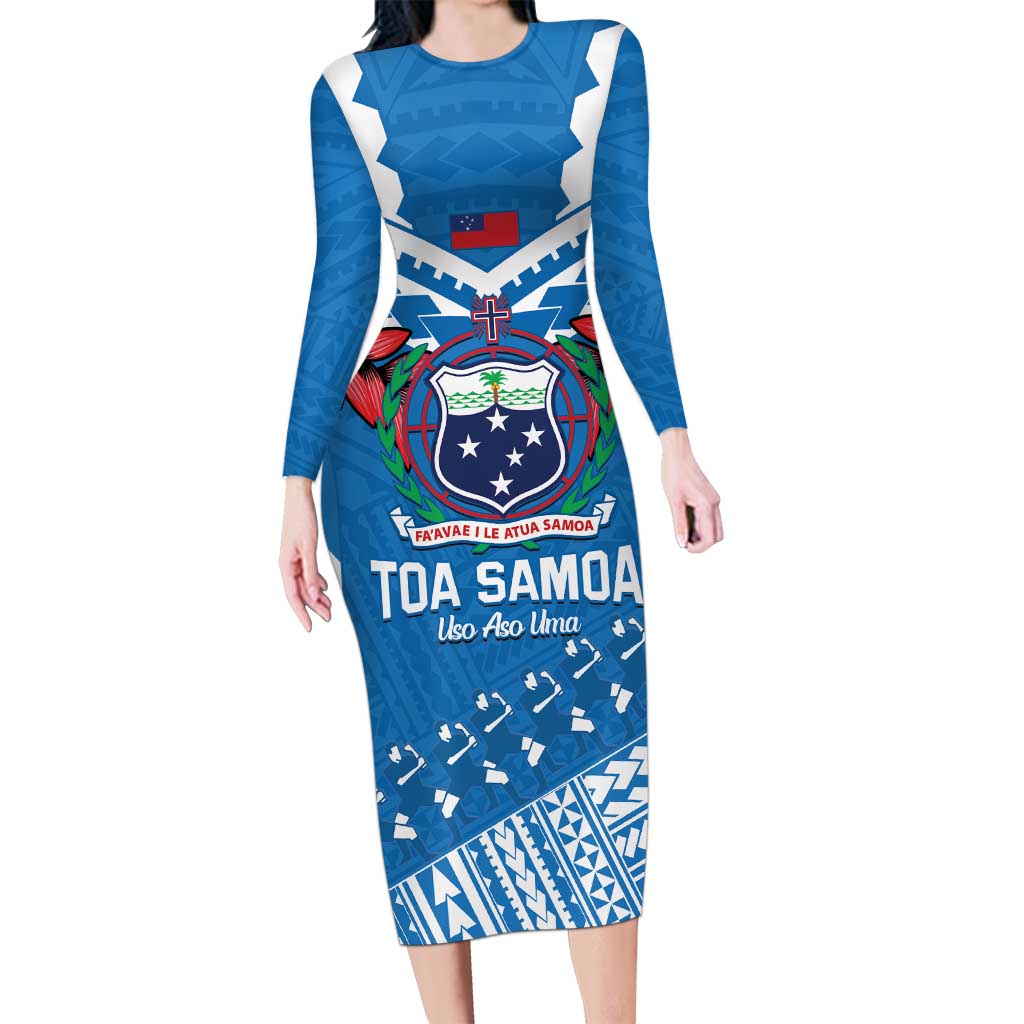 Custom Toa Samoa Rugby Long Sleeve Bodycon Dress Samoan Siva Tau Uso Aso Uma LT14 Long Dress Blue - Polynesian Pride