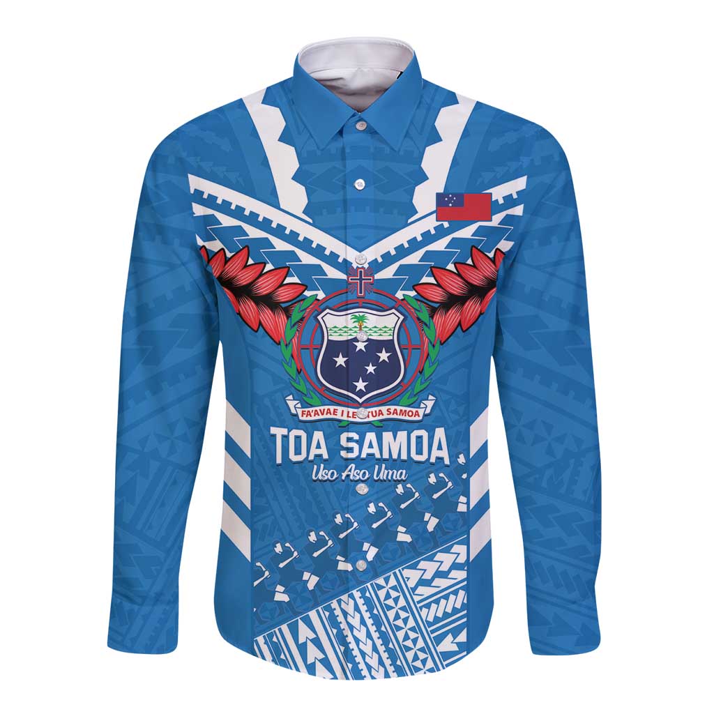 Custom Toa Samoa Rugby Long Sleeve Button Shirt Samoan Siva Tau Uso Aso Uma LT14 Unisex Blue - Polynesian Pride