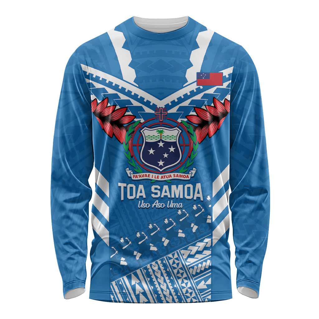 Custom Toa Samoa Rugby Long Sleeve Shirt Samoan Siva Tau Uso Aso Uma LT14 Unisex Blue - Polynesian Pride