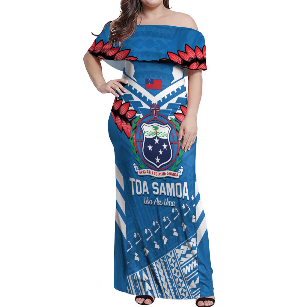 Custom Toa Samoa Rugby Off Shoulder Maxi Dress Samoan Siva Tau Uso Aso Uma LT14 Women Blue - Polynesian Pride