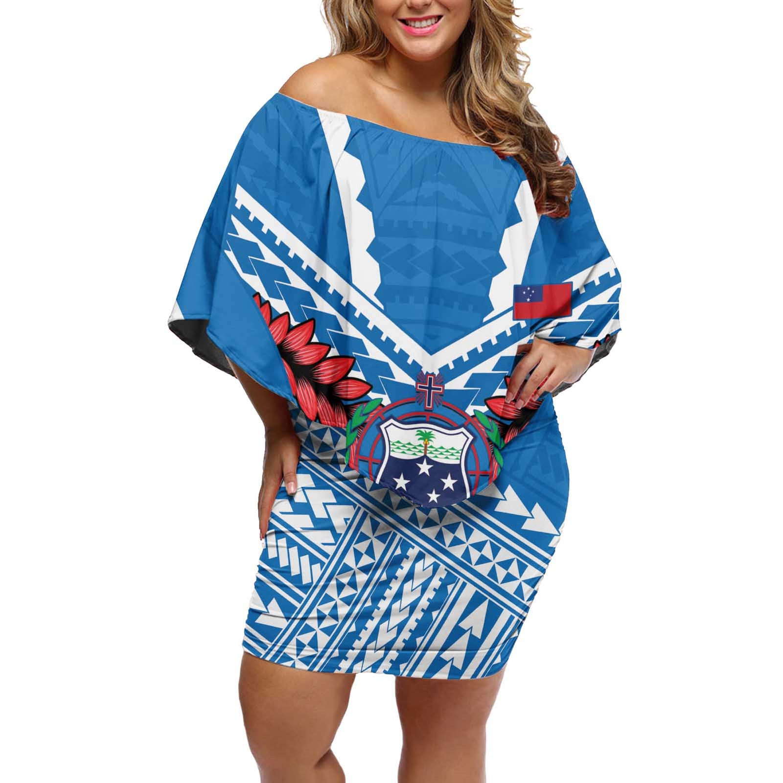 Custom Toa Samoa Rugby Off Shoulder Short Dress Samoan Siva Tau Uso Aso Uma LT14 Women Blue - Polynesian Pride