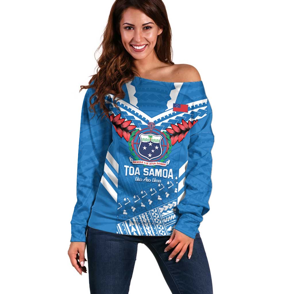 Custom Toa Samoa Rugby Off Shoulder Sweater Samoan Siva Tau Uso Aso Uma LT14 Women Blue - Polynesian Pride