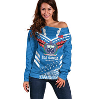 Custom Toa Samoa Rugby Off Shoulder Sweater Samoan Siva Tau Uso Aso Uma LT14 Women Blue - Polynesian Pride