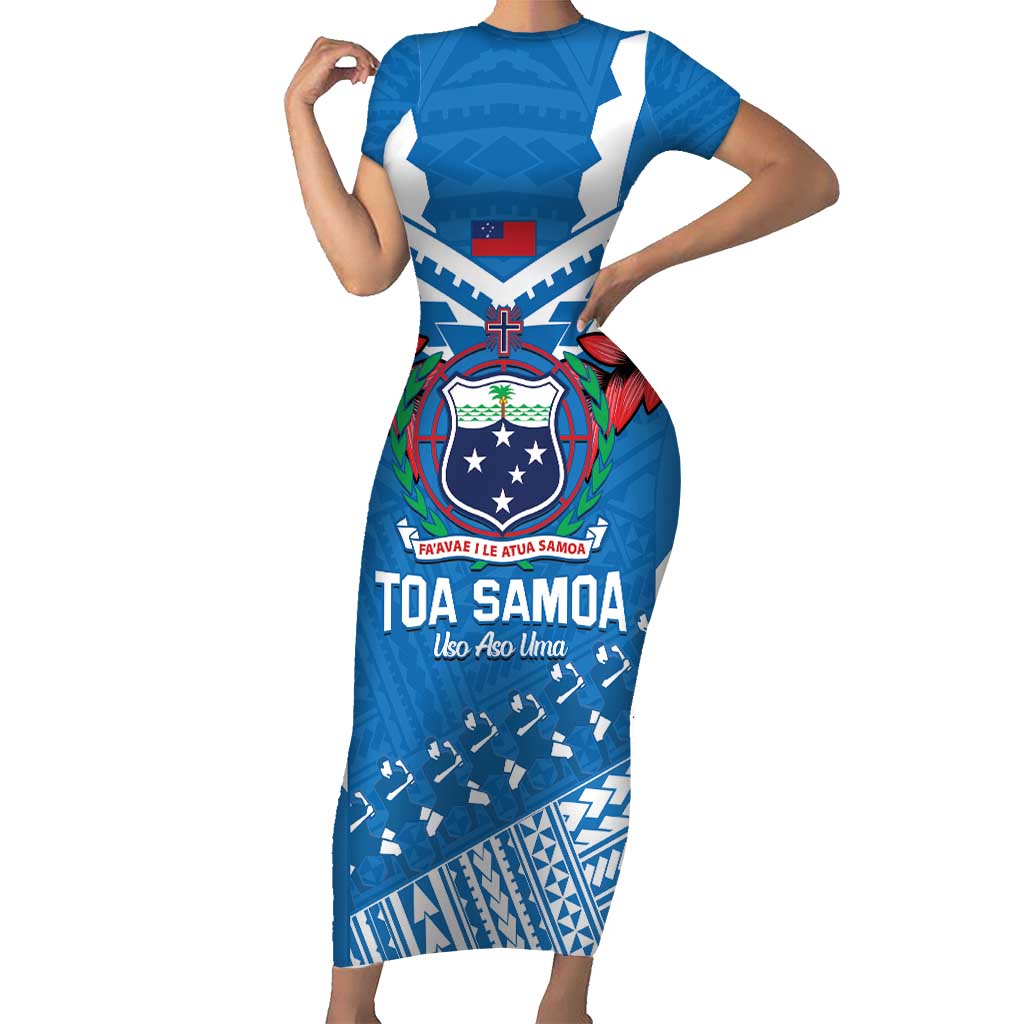 Custom Toa Samoa Rugby Short Sleeve Bodycon Dress Samoan Siva Tau Uso Aso Uma LT14 Long Dress Blue - Polynesian Pride