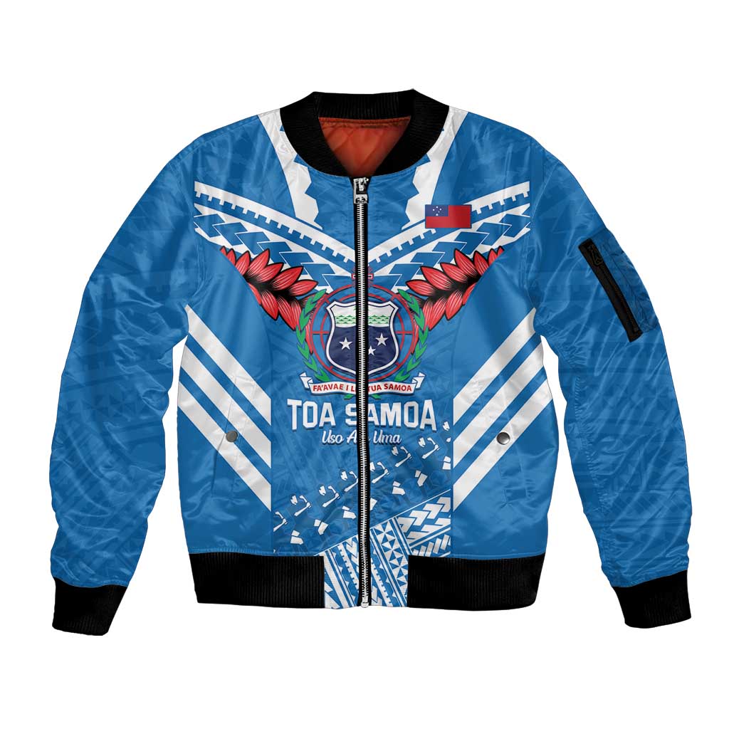 Custom Toa Samoa Rugby Sleeve Zip Bomber Jacket Samoan Siva Tau Uso Aso Uma LT14 Unisex Blue - Polynesian Pride