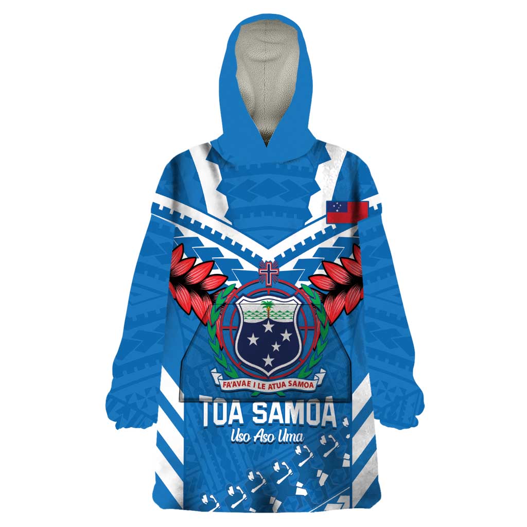 Custom Toa Samoa Rugby Wearable Blanket Hoodie Samoan Siva Tau Uso Aso Uma LT14 One Size Blue - Polynesian Pride