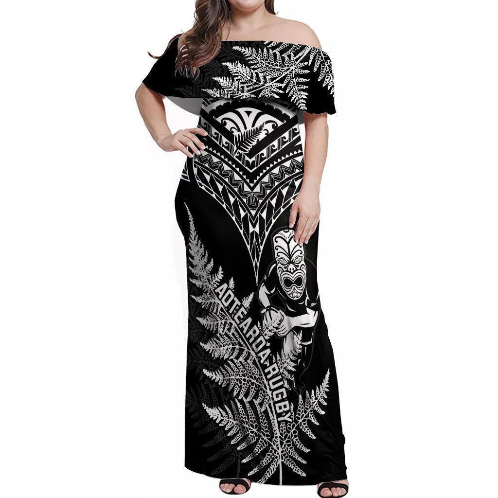 New Zealand Silver Fern Rugby Off Shoulder Maxi Dress Go All Black 2023 World Cup LT14 Women Black - Polynesian Pride