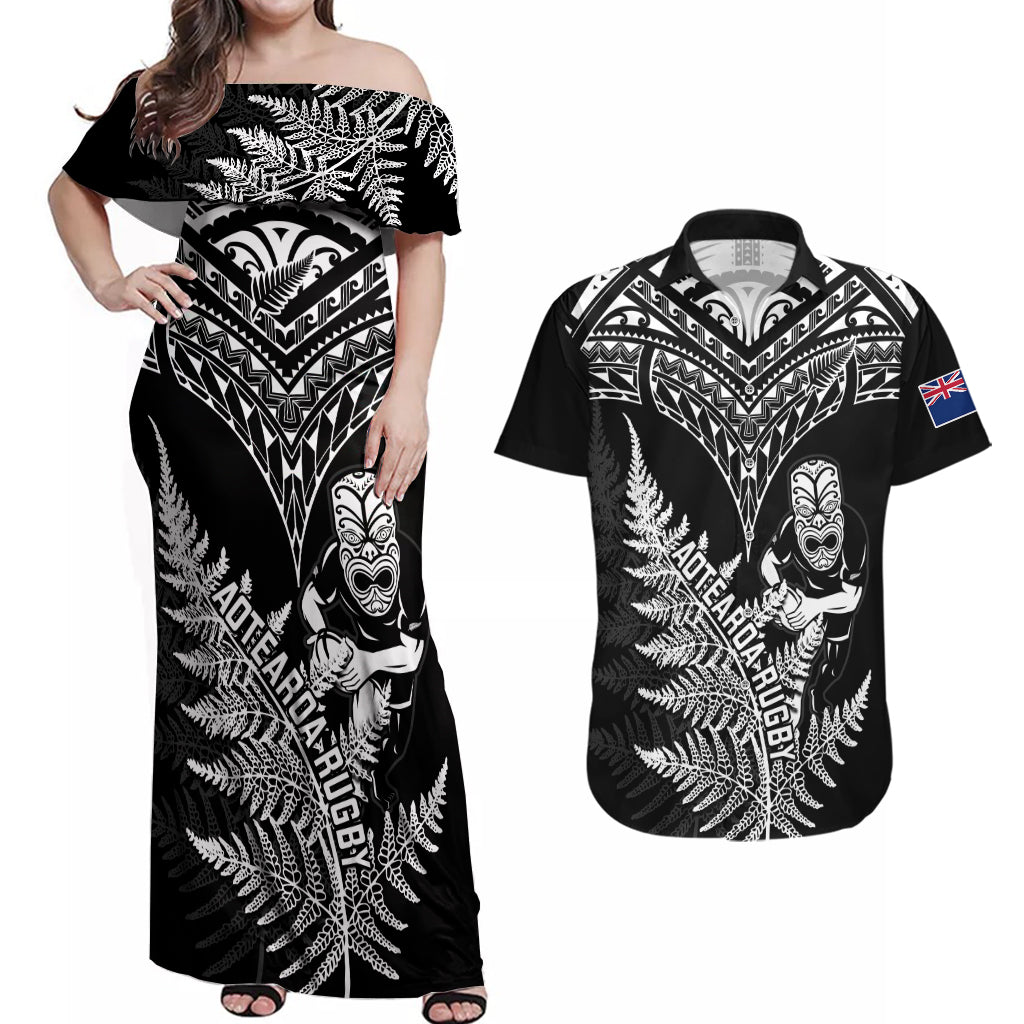 Personalised New Zealand Silver Fern Rugby Couples Matching Off Shoulder Maxi Dress and Hawaiian Shirt Go All Black 2023 World Cup LT14 Black - Polynesian Pride