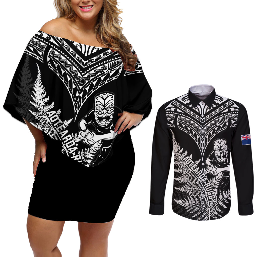 Personalised New Zealand Silver Fern Rugby Couples Matching Off Shoulder Short Dress and Long Sleeve Button Shirts Go All Black 2023 World Cup LT14 Black - Polynesian Pride