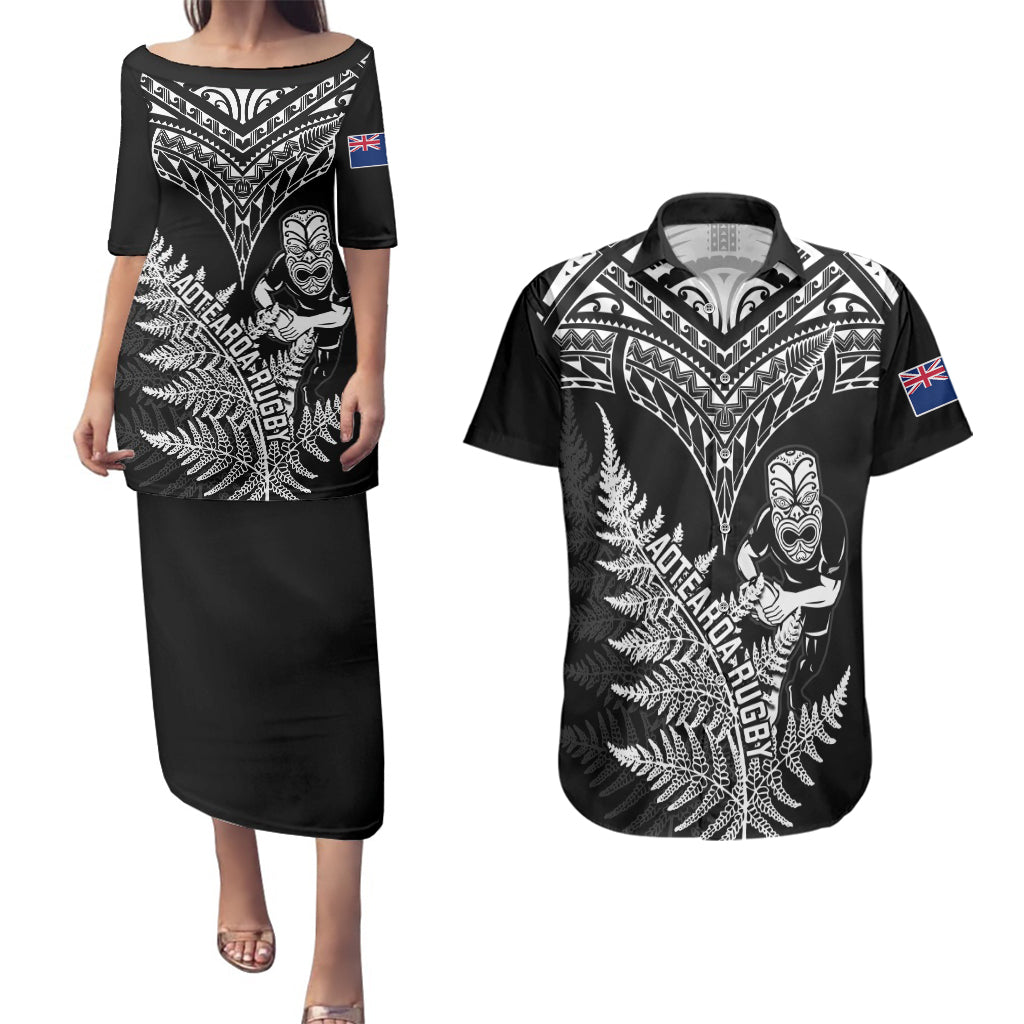 Personalised New Zealand Silver Fern Rugby Couples Matching Puletasi Dress and Hawaiian Shirt Go All Black 2023 World Cup LT14 Black - Polynesian Pride