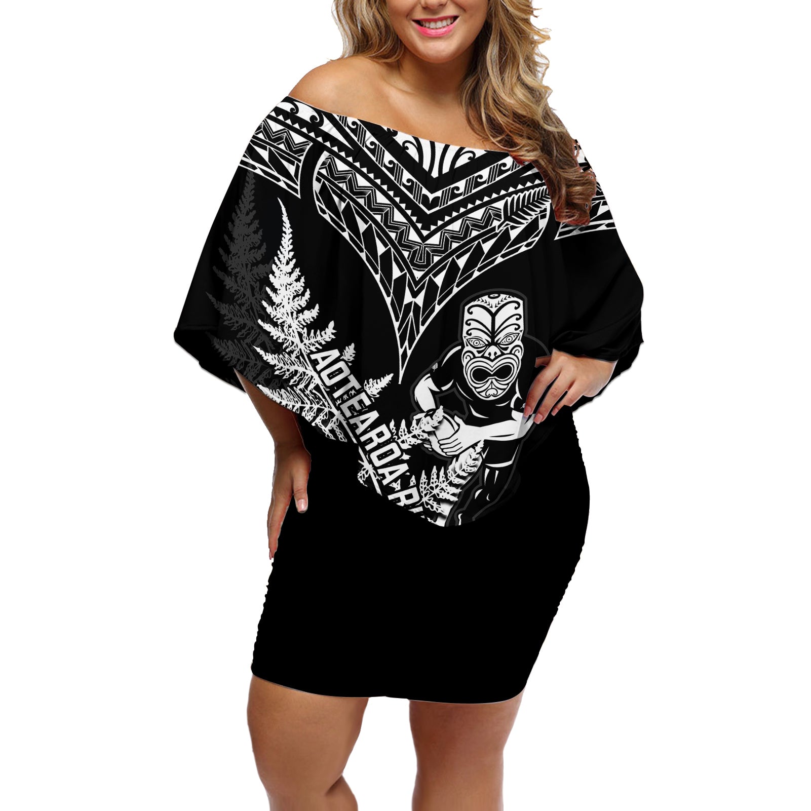 Personalised New Zealand Silver Fern Rugby Off Shoulder Short Dress Go All Black 2023 World Cup LT14 Women Black - Polynesian Pride