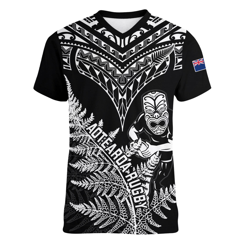 Personalised New Zealand Silver Fern Rugby Women V Neck T Shirt Go All Black 2023 World Cup LT14 Female Black - Polynesian Pride