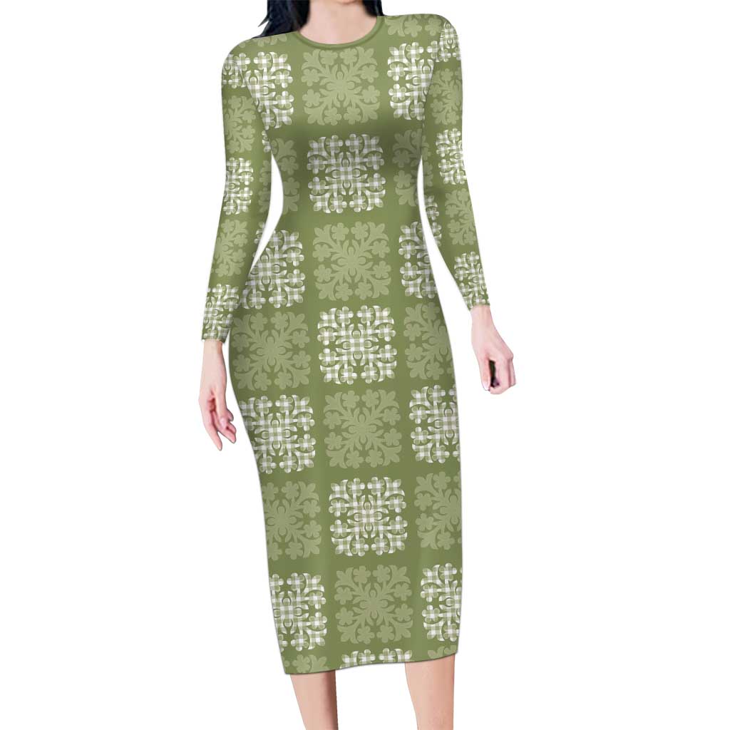 Vesuvian Green Palaka Quilt Hawaii Long Sleeve Bodycon Dress Traditional Hawaii-plaid Pattern LT14 Long Dress Vesuvian Green - Polynesian Pride