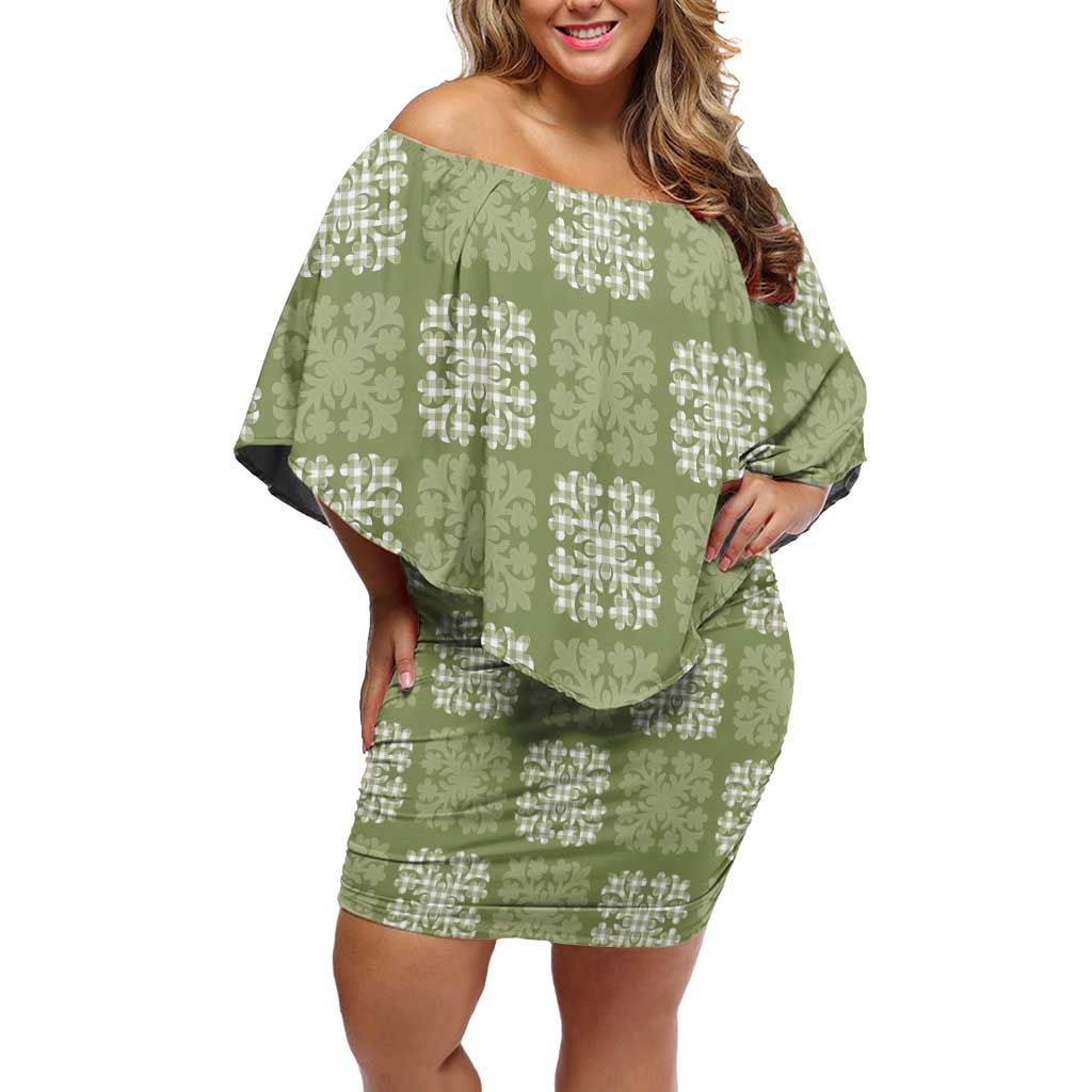 Vesuvian Green Palaka Quilt Hawaii Off Shoulder Short Dress Traditional Hawaii-plaid Pattern LT14 Women Vesuvian Green - Polynesian Pride