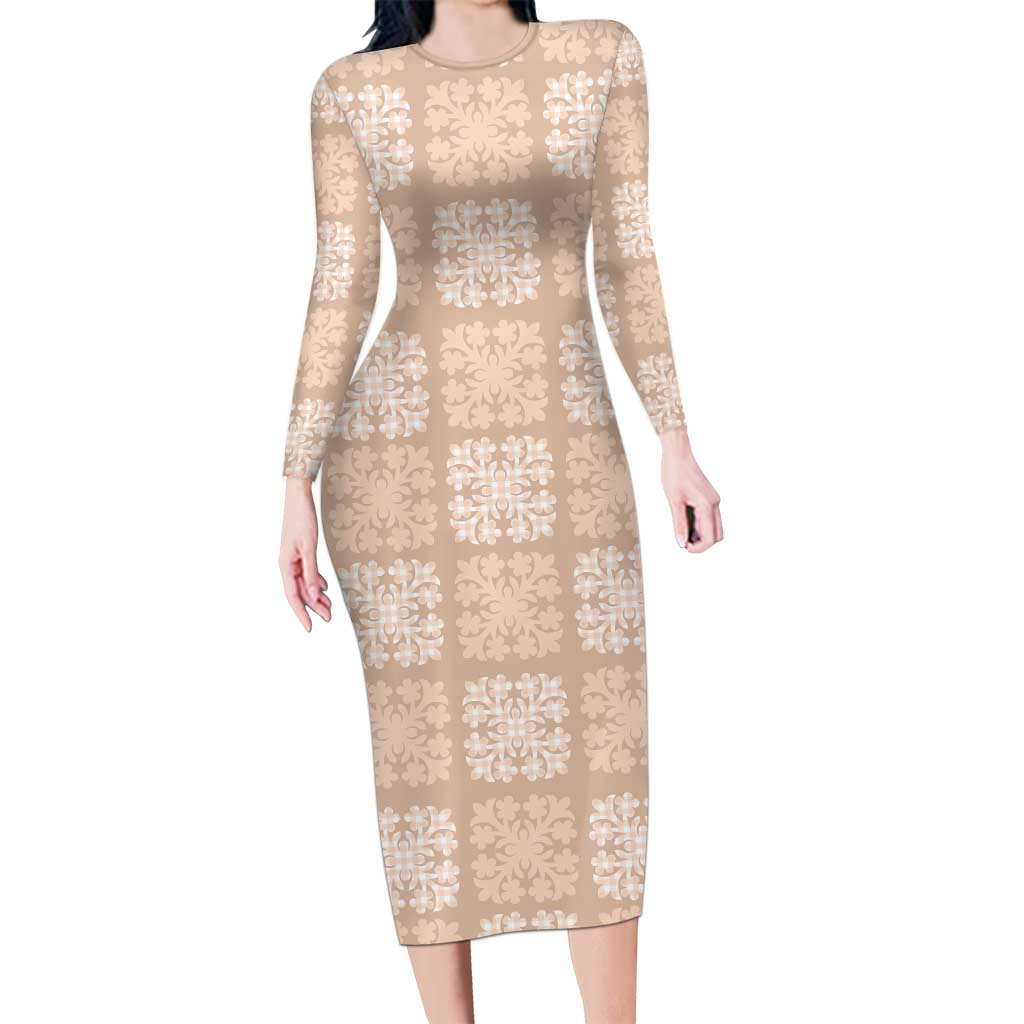 Beige Palaka Quilt Hawaii Long Sleeve Bodycon Dress Traditional Hawaii-plaid Pattern LT14 Long Dress Beige - Polynesian Pride