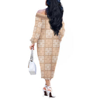 Beige Palaka Quilt Hawaii Off The Shoulder Long Sleeve Dress Traditional Hawaii-plaid Pattern LT14 - Polynesian Pride