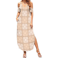 Beige Palaka Quilt Hawaii Summer Maxi Dress Traditional Hawaii-plaid Pattern LT14 Women Beige - Polynesian Pride