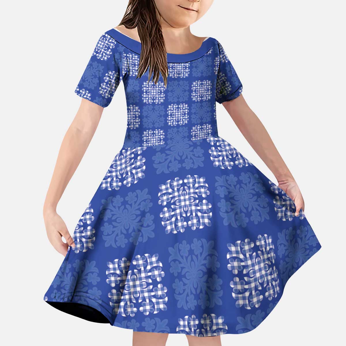 Royal Blue Palaka Quilt Hawaii Kid Short Sleeve Dress Traditional Hawaii-plaid Pattern LT14 KID Royal Blue - Polynesian Pride