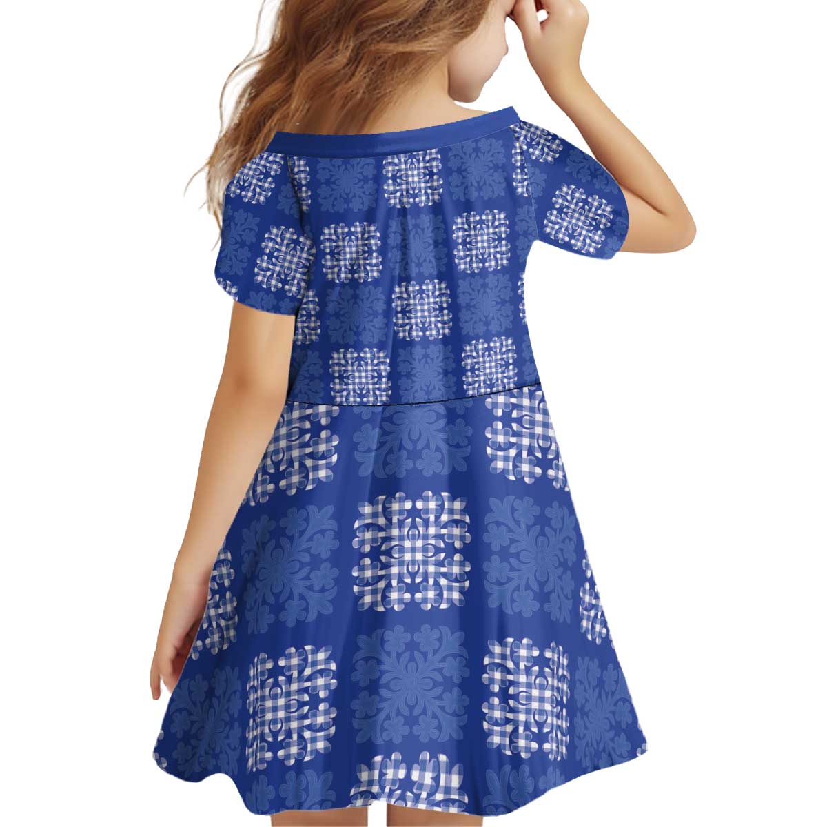 Royal Blue Palaka Quilt Hawaii Kid Short Sleeve Dress Traditional Hawaii-plaid Pattern LT14 - Polynesian Pride