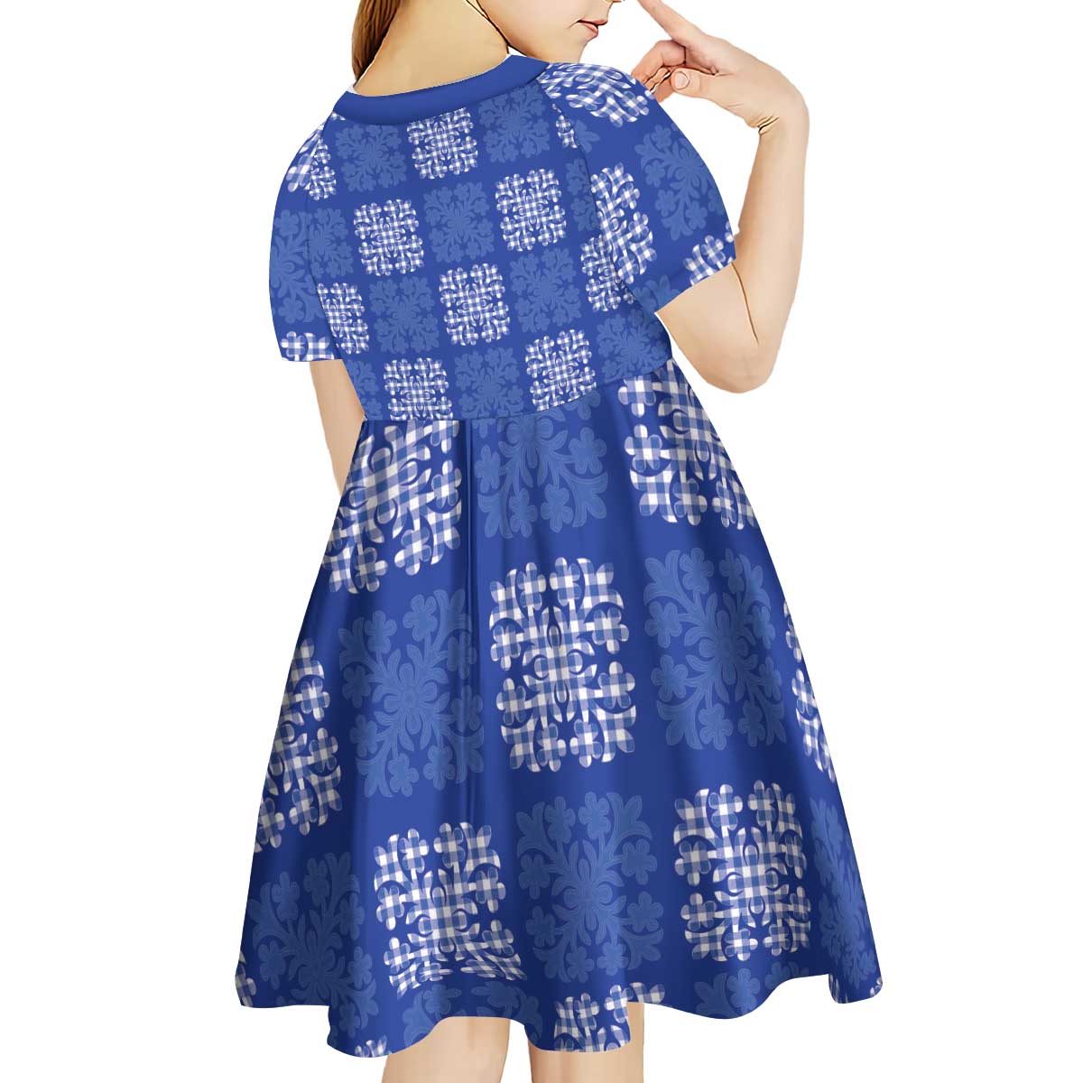 Royal Blue Palaka Quilt Hawaii Kid Short Sleeve Dress Traditional Hawaii-plaid Pattern LT14 - Polynesian Pride