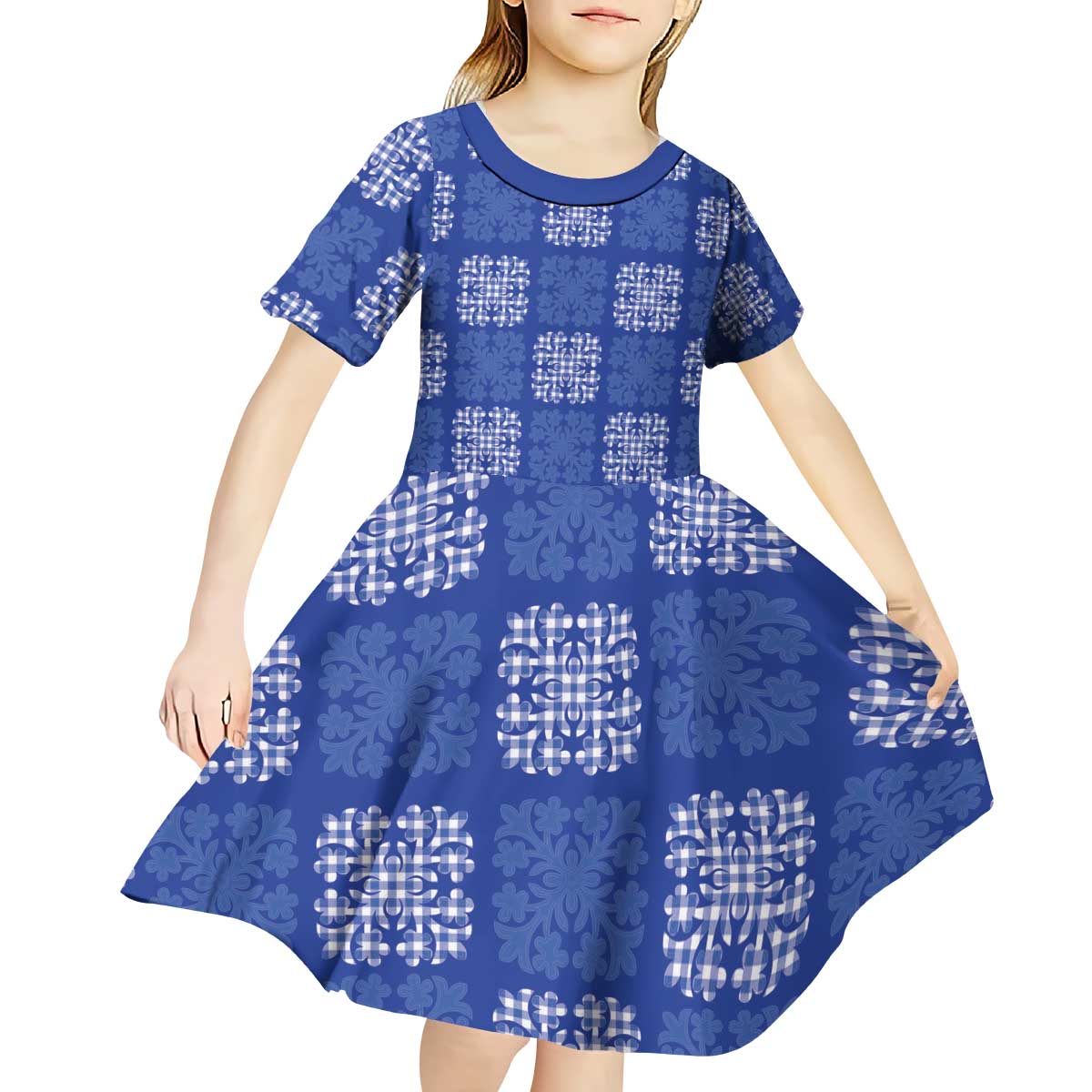 Royal Blue Palaka Quilt Hawaii Kid Short Sleeve Dress Traditional Hawaii-plaid Pattern LT14 - Polynesian Pride