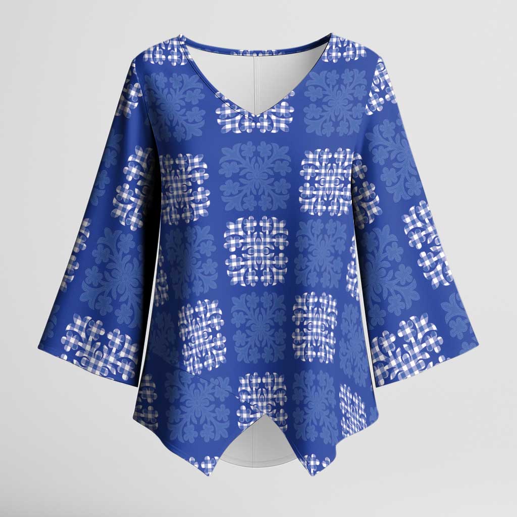 Royal Blue Palaka Quilt Hawaii Kimono Sleeve Blouse Traditional Hawaii-plaid Pattern LT14 Female Royal Blue - Polynesian Pride