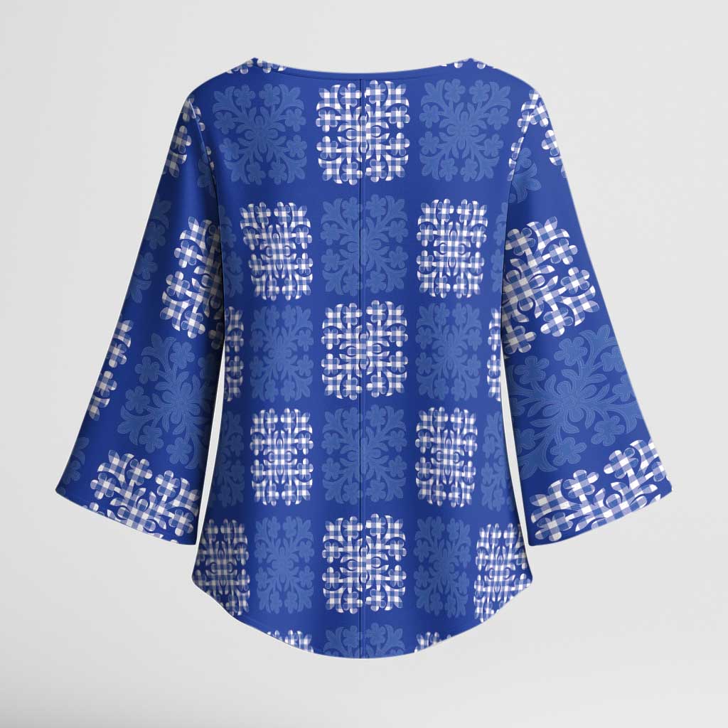 Royal Blue Palaka Quilt Hawaii Kimono Sleeve Blouse Traditional Hawaii-plaid Pattern LT14 - Polynesian Pride
