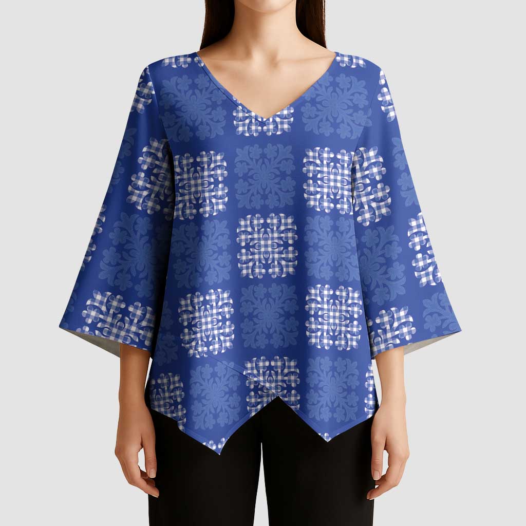 Royal Blue Palaka Quilt Hawaii Kimono Sleeve Blouse Traditional Hawaii-plaid Pattern LT14 - Polynesian Pride