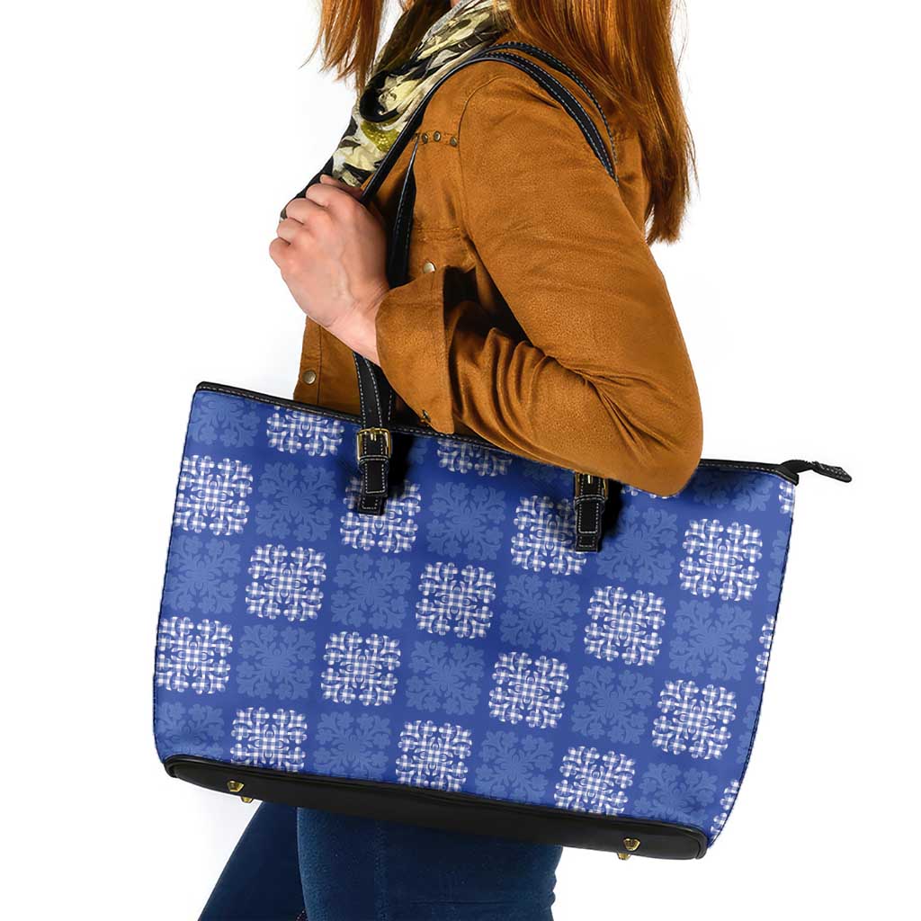Royal Blue Palaka Quilt Hawaii Leather Tote Bag Traditional Hawaii-plaid Pattern LT14 Royal Blue - Polynesian Pride