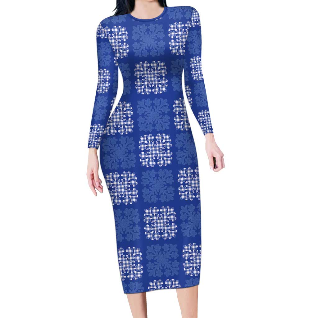 Royal Blue Palaka Quilt Hawaii Long Sleeve Bodycon Dress Traditional Hawaii-plaid Pattern LT14 Long Dress Royal Blue - Polynesian Pride