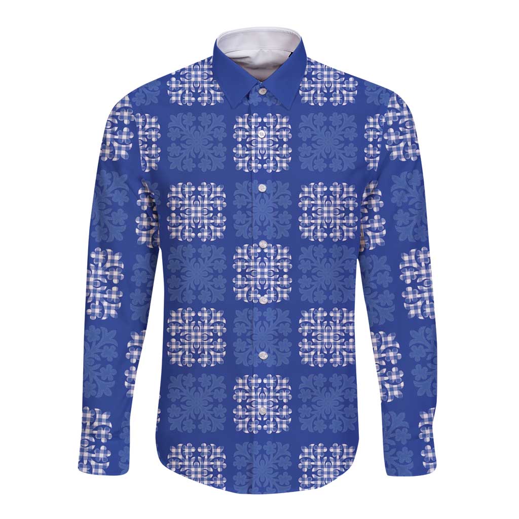 Royal Blue Palaka Quilt Hawaii Long Sleeve Button Shirt Traditional Hawaii-plaid Pattern LT14 Unisex Royal Blue - Polynesian Pride