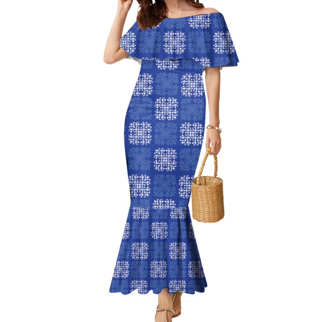 Royal Blue Palaka Quilt Hawaii Mermaid Dress Traditional Hawaii-plaid Pattern LT14 Women Royal Blue - Polynesian Pride