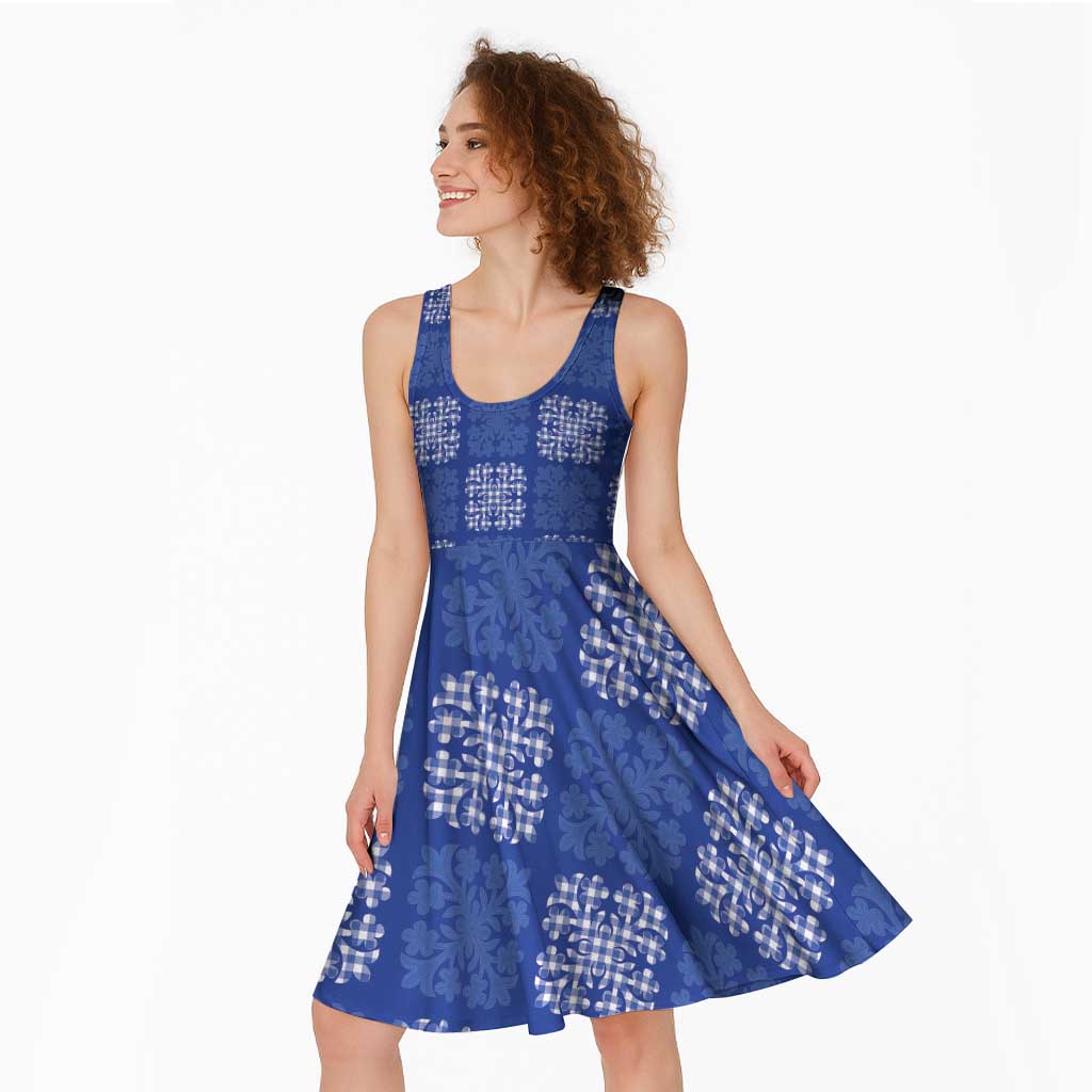 Royal Blue Palaka Quilt Hawaii Midi Dress Traditional Hawaii-plaid Pattern LT14 - Polynesian Pride